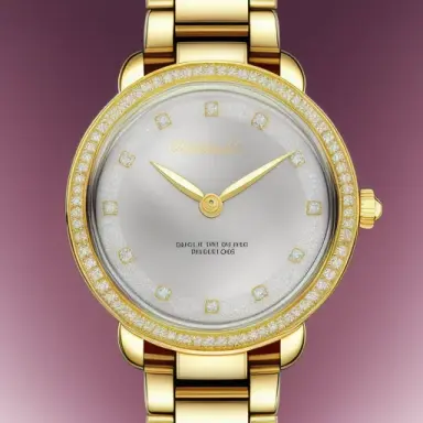 Luxurious watch design in gold or silver, with bracelets, containing colored diamonds, on a color gradient background, on the st