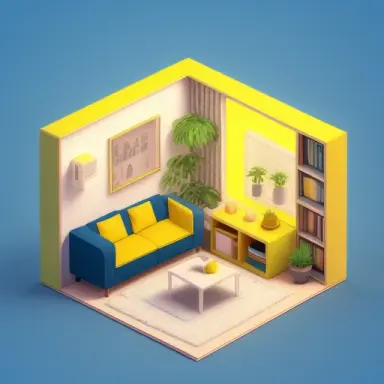 Tiny cute isometric living room in a cutaway box, soft smooth lighting, soft colors, yellow and blue color scheme, soft colors,