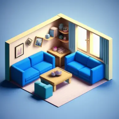 Tiny cute isometric living room in a cutaway box, soft smooth lighting, soft colors, Sky blue and Indigo color scheme, soft colo
