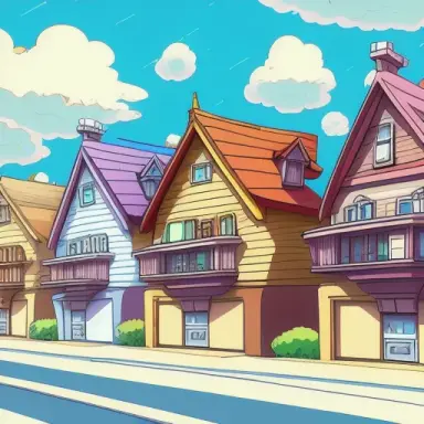 houses in front, houses background, straight houses, digital art, smooth, sharp focus, gravity falls style, doraemon style, shin
