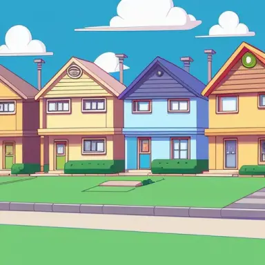 houses in front, houses background, straight houses, digital art, smooth, sharp focus, gravity falls style, doraemon style, shin
