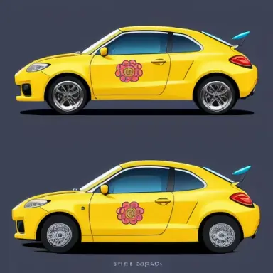 chibi style, 2d, ((side view of the car)), car sheet, flower pattern concept designs, HQ, 4K, 8K, cute, funny, centered, detaile