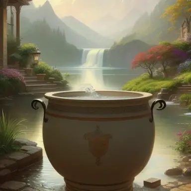 A beautiful painting of water spilling out of a broken pot, earth colored clay pot, vibrant background, by greg rutkowski and th