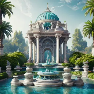 Ethereal gardens of marble built in a shining teal river in future city, gorgeous ornate multi tiered fountain, futuristic, intr