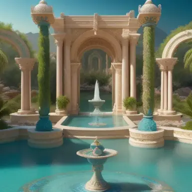 Ethereal gardens of marble built in a shining teal river in the desert, gorgeous ornate multi tiered fountain, mythology, intric