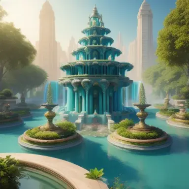 Ethereal gardens of marble built in a shining teal river in future city, gorgeous ornate multi tiered fountain, futuristic, intr