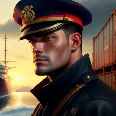 a merchant ship captain while unloading his ship at the docks, pretty face, (pierre spies, dan carter), realistic shaded perfect
