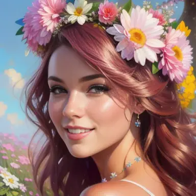 pink flowers in the hair, digital painting, vibrant colors, vibrant, epic, sharp focus, illustration, ultra realistic, 8k, intri
