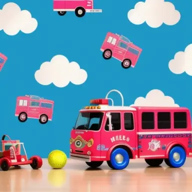 blue and pink wallpaper with toy fire trucks puppies and racing cars and baseball bats and baseballs,