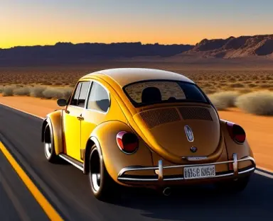 vw beetle, full body, tuned, on a desert road at sunset, scott listfield, foto realistic, 4k,
