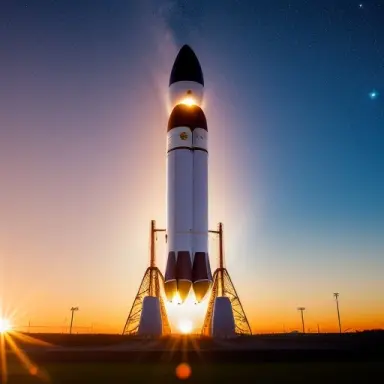 the sun rising behind a large space rocket ,