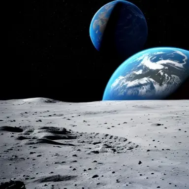 a landscape from the moon with the earth setting on the horizon, realistic, detailed ,