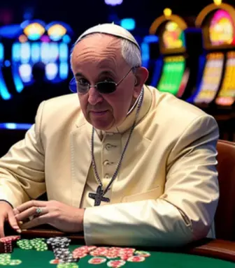(pope francis) wearing leather jacket and sunglasses playing poker, pokerface, las vegas casino background, 4k resolution, a mas