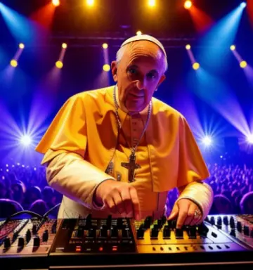 (pope francis) wearing leather jacket is a dj in a nightclub, mixing live on stage, giant mixing table, 4k resolution, a masterp