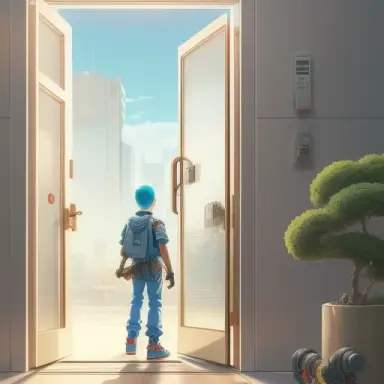 Shot of a door opening to let out a young man holding a skateboard. cyberpunk, retro futur, studio ghibli, studio key hideaki an