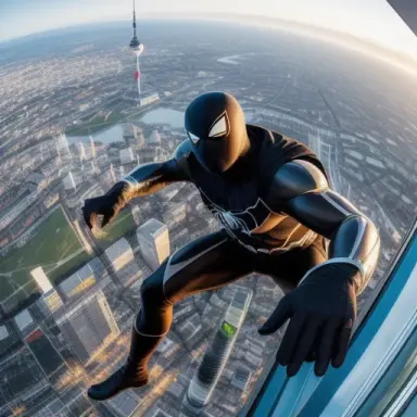 a superhero in a black and white spider suit, fighting a criminal villain with electric superpowers, on top of the (munich t