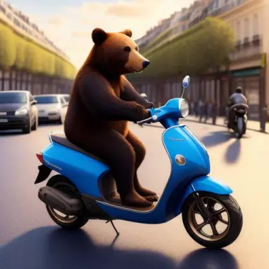 a bear on a scooter in Paris realistic, comic modern, art by , artgerm, in the style of , DC comics, natural lighting, highly de