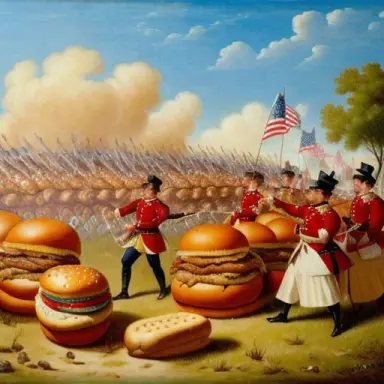 battle between army of hot dog buns and an army of hamburgers, victorian era style battle painting, ronald mcdonald is a general