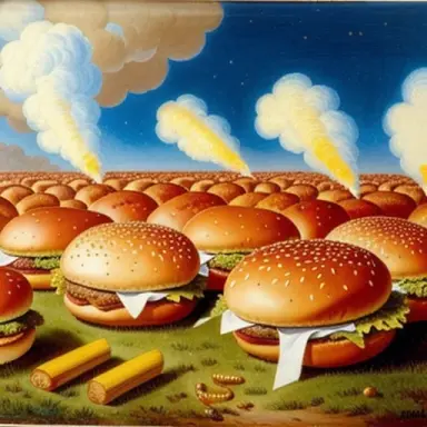 battle between army of hot dog buns and an army of hamburgers, victorian era style battle painting, ronald mcdonald is a general