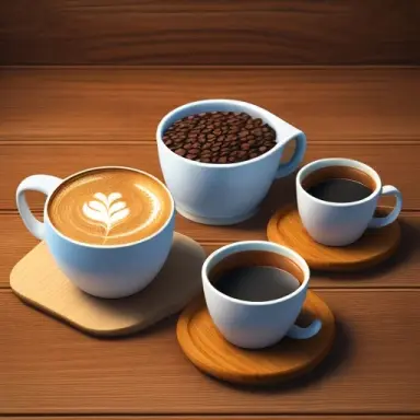 coffee beans and coffee cups on the wooden table, 3d, 8k, blank in the middle.,