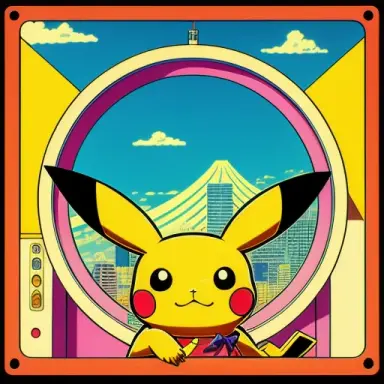 Stylish pikachu in the style of 90s vintage anime, surrealism, akira style. detailed line art. fine details. inside a 7 11 in t