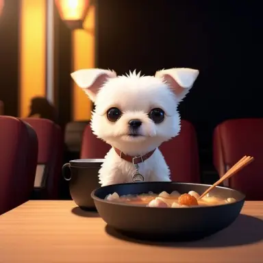 cute small dog sitting in a movie theater eating hotpot watching a movie ,unreal engine, cozy indoor lighting, artstation, detai
