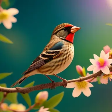 a tiny finch on a branch with (spring flowers on background 1.0), aesthetically inspired by evelyn de morgan, art by bill sienki