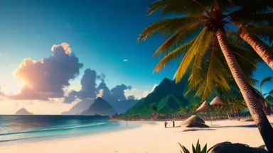 tropical beach littered with colorful bandanas, scenery, landscape, highly detailed, high resolution, raytraced reflections, dra