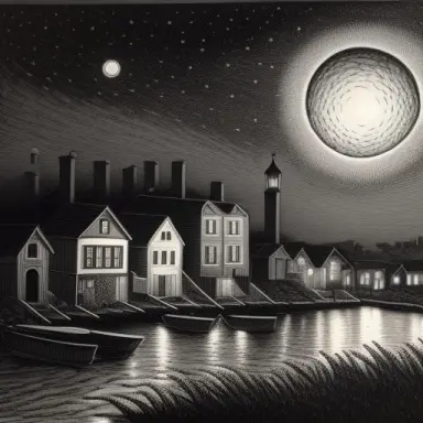 a black and white lithography of an old town near the ocean, by night with lovecraft atmosphere inspired ,