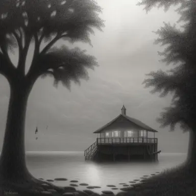 a gloomy greyscale drawing of an old town near the ocean with a man hanged to a tree, by night with lovecraft atmosphere inspire