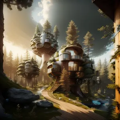 futuristic tree house, hyper realistic, epic composition, cinematic, landscape vista photography, 4k detailed post processing, u