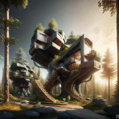 a futuristic tree house, hyper realistic, 4k detailed post processing, unreal engine, ,