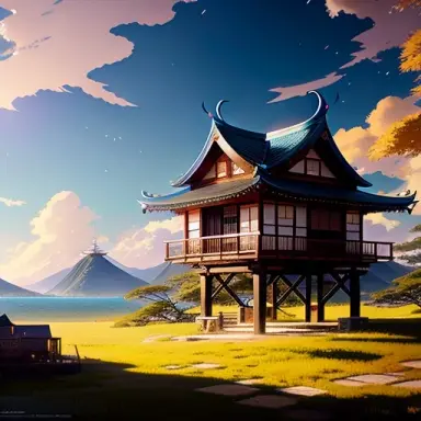stilted house building, with background by greg rutkowski makoto shinkai kyoto animation key art feminine mid shot, 4k resoluti
