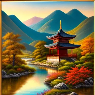 the gentle stream flows with shallow water. in autumn, the mountains display a faint hue. raindrops rest on tree leaves, and as
