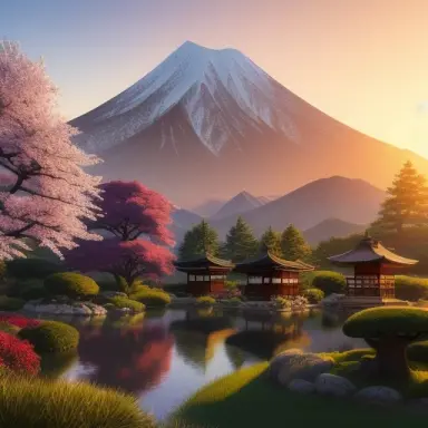 classic japanese garden with mountains, sunrise through the moutains, rustic, hyperdetailed, artstation, cgsociety, 8 k,