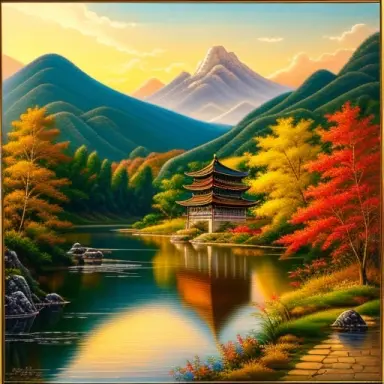 the gentle stream flows with shallow water. in autumn, the mountains display a faint hue. raindrops rest on tree leaves, and as