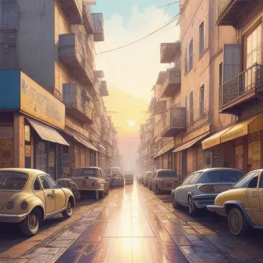 dirty french street, sunset, graffiti, cars, cyberpunk, retro futur, studio ghibli, akira toriyama , moebius, studio key hideaki