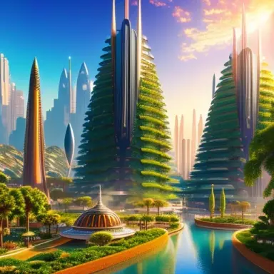 a gigantic city on an alien planet, an architecture between futuristic and very old surrounded by vegetation and seen from the o