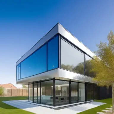 contemporary glass and steel building with sleek lines and an innovative facade, surrounded by an urban landscape, modern, high