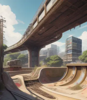 wide shot of dirty diy skatepark in disused area., with one skater in train jumping a curve and others rolling, graffiti, cyberp