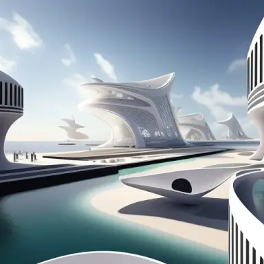 a futuristic city by the sea manga type black and white arabic architecture,
