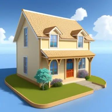 small cream colored house, anime style, two story , blue roof, wooden doors, two windows at the front one window at the rear, 3