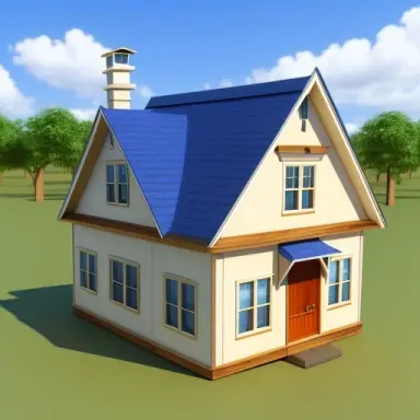 small cream colored house, anime style, two story , blue roof, wooden doors, two windows at the front one window at the rear, 3