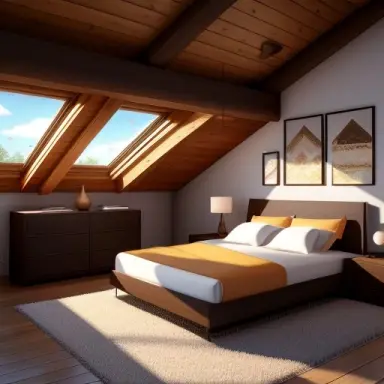 brown modern, primitive decoration of a attic bedroom, 4k, unreal engine 5, highly detailed, filled of objects and decoration th