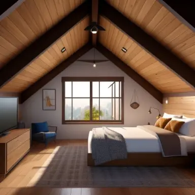 brown modern, primitive decoration of a attic bedroom, 4k, unreal engine 5, highly detailed, filled of objects and decoration th