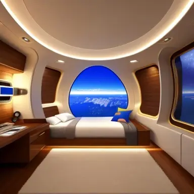 luxury interior of a spaceship, captains bedroom.,