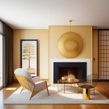 architectural digest photo of a japanese and scandinavian design style living room with lots of golden light, hyperrealistic sur