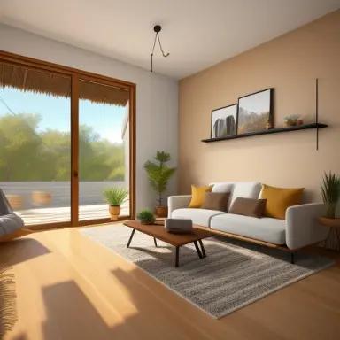 sand colored walls, wood parquet, modern living room, primitive sculptures and paintings, 4k, unreal engine 5, highly detailed,