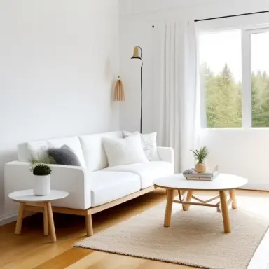 modern minimalist style, log style, white. living room.,