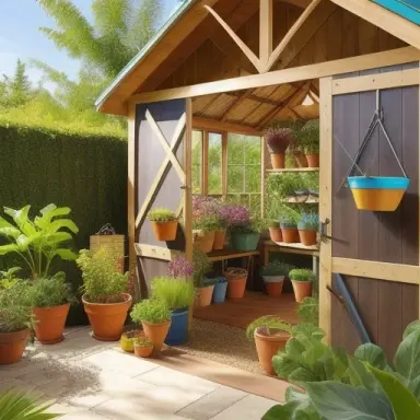 generate an image of a well stocked tropical garden shed, filled with all the tools you need to create a beautiful and bountiful